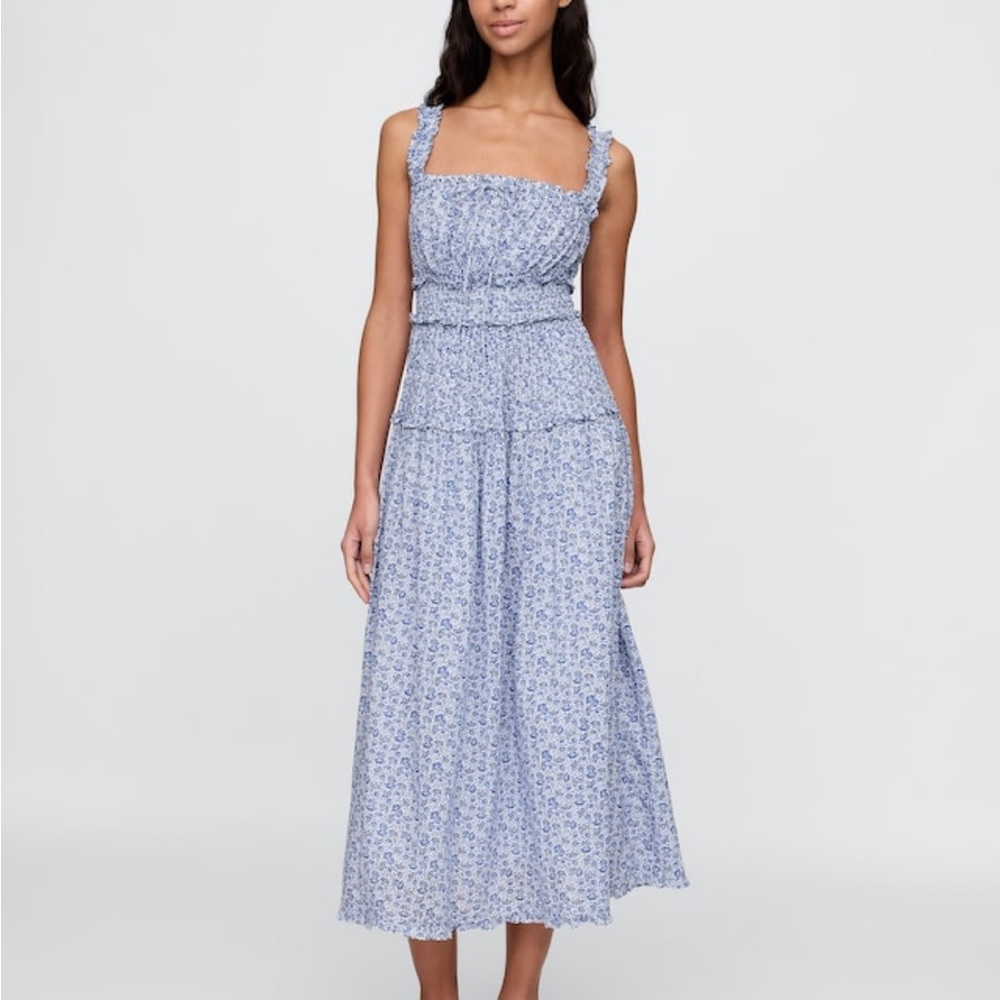 Blue Floral Smocked Midi Dress with Square Neck